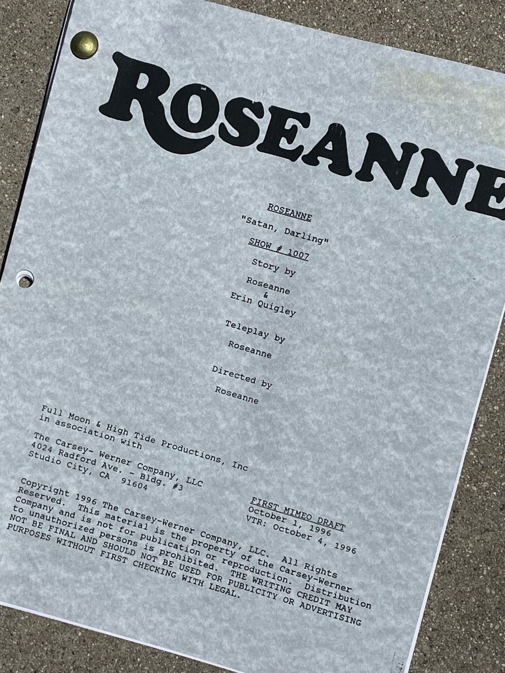Roseanne Vtg 1996 Production Used First  Draft Script Satan Darlin CROSSOVER EP!